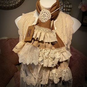 Tattered Gypsy Scarf Vintage Lace Linen Upcycled